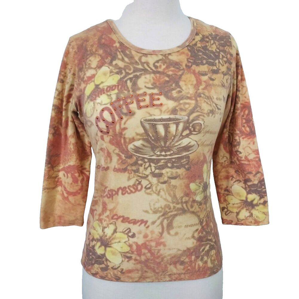Susan Lawrence T Shirt Top Artsy Y2K Womens Size PM Coffee Print Rhinestones VTG